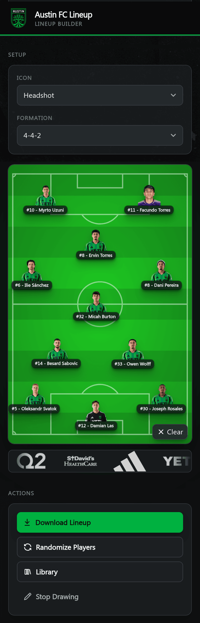 The same lineup on a phone — setup controls stacked above the pitch, with the squad list below