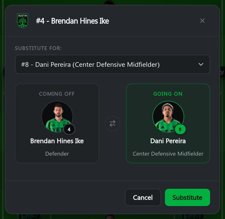 The substitution dialog swapping a defender off for a centre defensive midfielder, showing both players and their positions